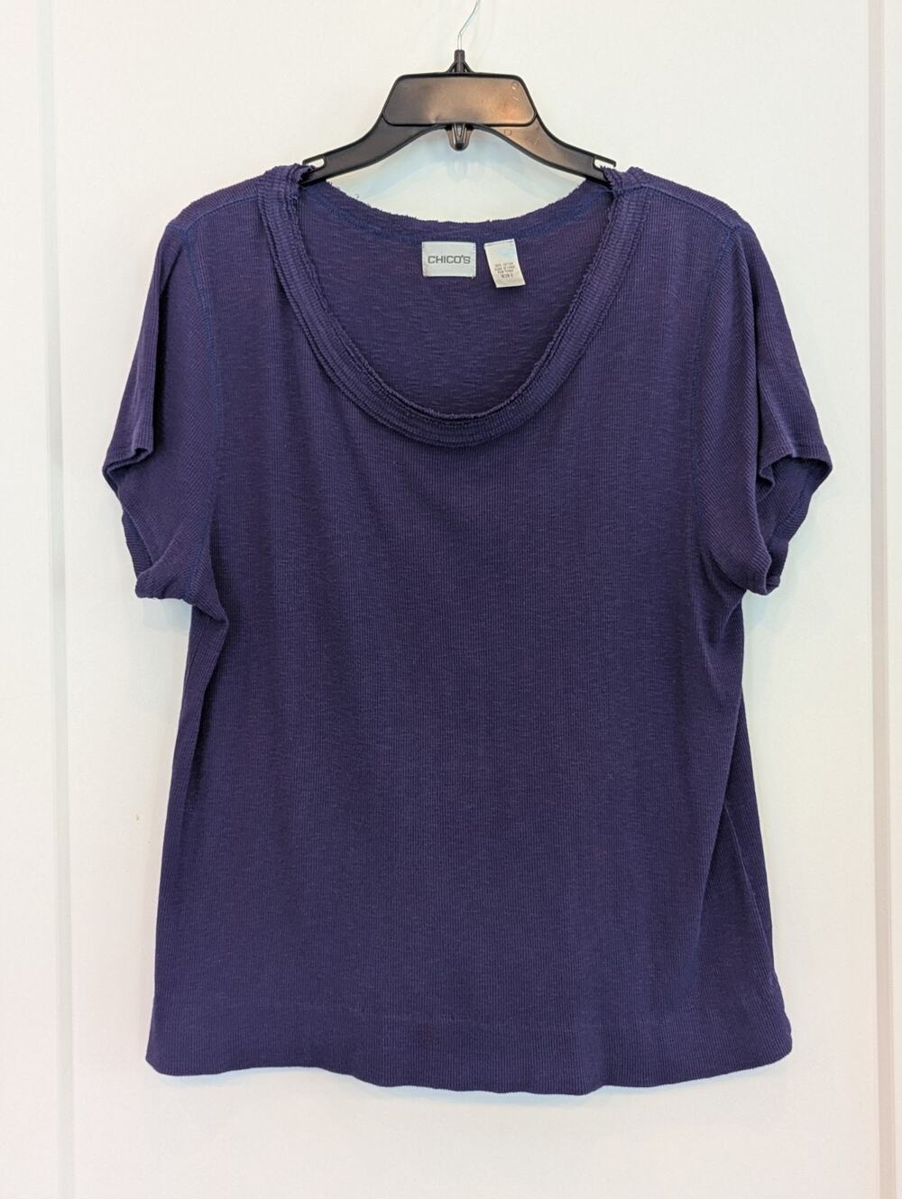 Chicos Sz3(XL) Purple Ribbed Knit 100% Cotton Top Raw Hem Scoop Neck Lagenlook